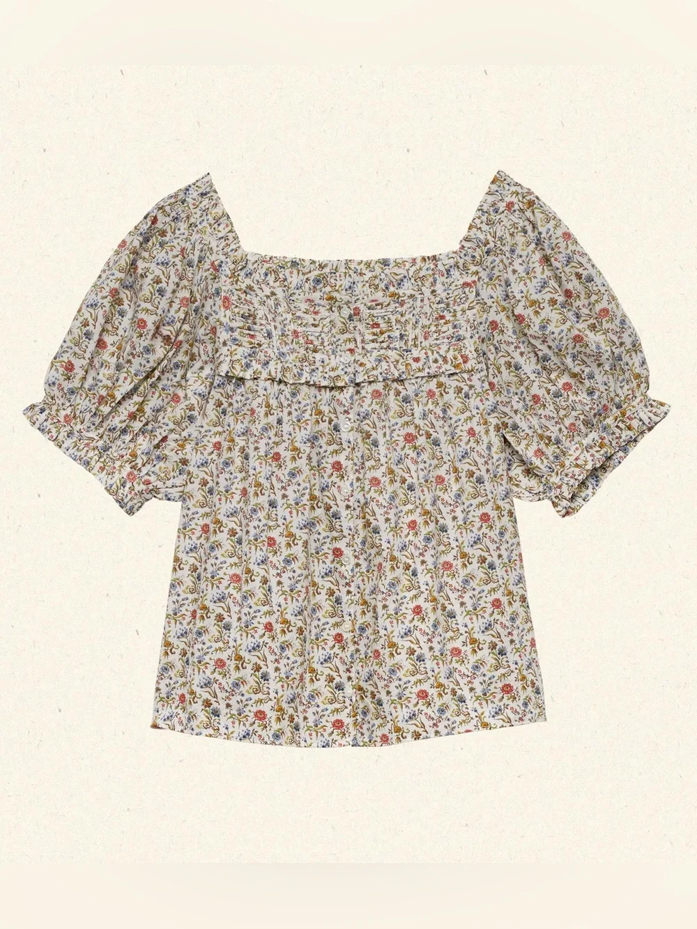 Doen Farley Cotton Ruffle Pintuck Button Puff Short Sleeve Top Jardin Du Chateau - Picture 6 of 7
